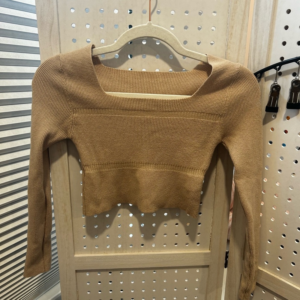 Tan Ribbed Knit Square Neck Sweater Top | Size Small